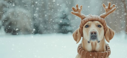Dog wearing reindeer antlers and scarf in snow, festive winter scene, soft snowfall, blurred background, holiday spirit