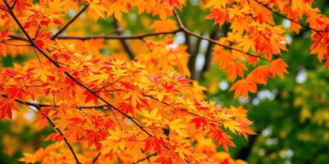 Vibrant red, orange, and yellow maple leaves on branch with blurred background, seasonal, outdoors, beauty