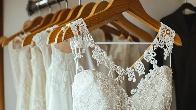 Elegant lace wedding dresses displayed on hangers in a boutique showcasing detailed craftsmanship and bridal designs