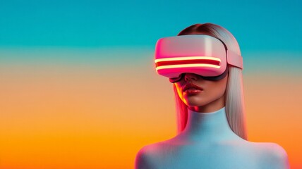 Woman in futuristic VR glasses against gradient background