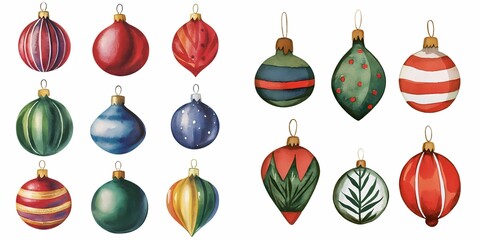 Christmas gift watercolor concept. A collection of colorful Christmas ornaments featuring various designs, perfect for holiday decorating.