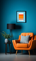 Orange armchair with grey pillow in a blue living room with a floor lamp and a picture