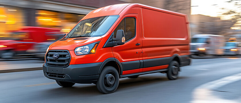 A vibrant red delivery van drives through an urban street, showcasing its sleek design against the backdrop of a busy city.