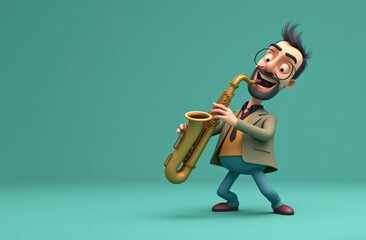 energetic man joyfully playing saxophone against solid teal background, funny cartoon illustration with copy space. music loving, hobby, entertainment