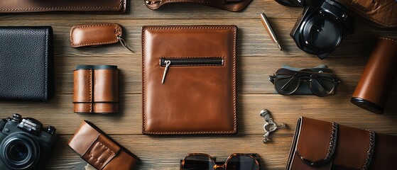 Assorted leather accessories on wooden table, stylish essentials.