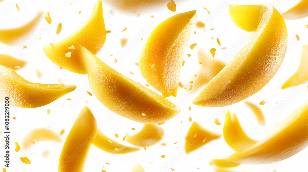 Poster 3d render of juicy mango slices falling dynamically on white background