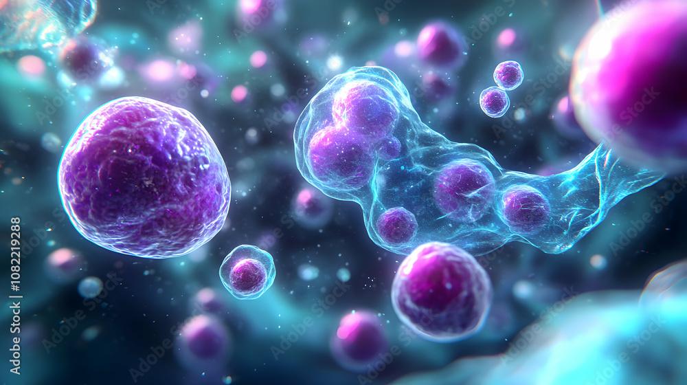 Poster microscopic 3d render of cells dividing and interacting in a bio-luminescent fluid, abstract backgro