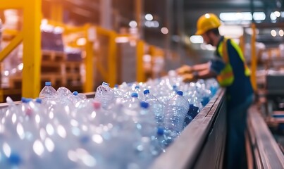 Obraz premium Worker sorting plastic bottles in a recycling facility.