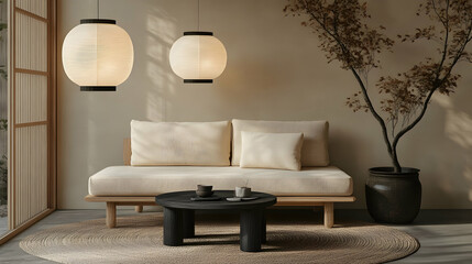 3D Render of Minimalist Japanese-Style Living Room with Beige Sofa, Round Coffee Table, and Paper Lanterns