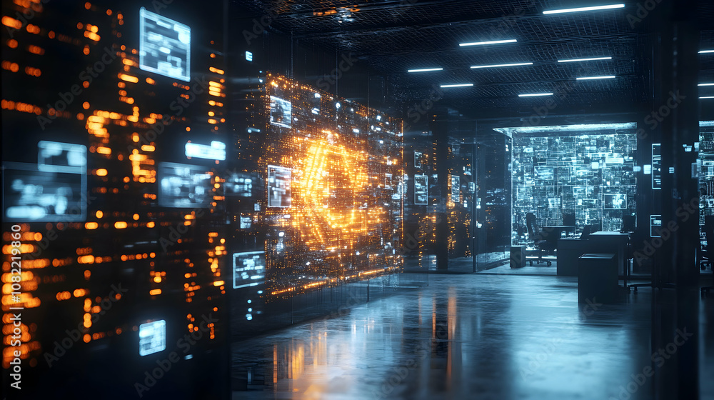 Poster futuristic 3d digital data center: glowing abstract background with orange and blue interfaces