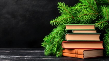 Stack of Books Under a Pine Branch on a Dark Background