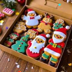 Obraz premium A box of decorated christmas cookies on a wooden table