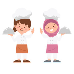 Little girl chef holding serving hood
