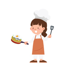 Little girl cooking and holding spatula