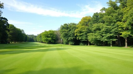 Fototapeta premium Green golf course with neatly manicured lawn surrounded by lush trees and blue sky, outdoor, summer