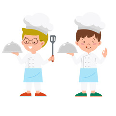 Little boy chef is holding serving hood and spatula