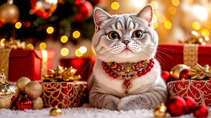 A cat wearing a red and gold necklace sitting in front of a Christmas tree