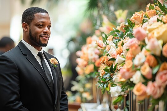 compassionate funeral director formal suit offers moral support emotional client surrounded tasteful decor and warm ambient lighting funeral home setting.