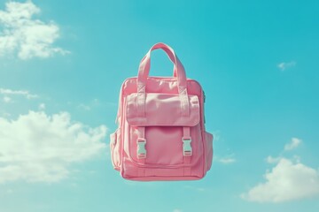 Pastel pink school bag floating on sky blue background, Surreal modern still life