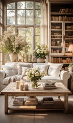 White Sofa with Bookshelf and Flowers in a Rustic Living Room