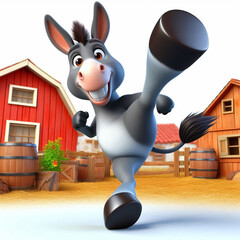 3D funny donkey cartoon in the field. Agriculture and farm animals