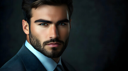 Close-up Portrait of a Man with a Beard, Wearing a Suit, Intense Gaze, Dark Background