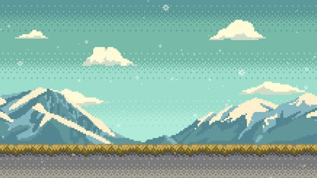 Mountain level with falling snow - pixel art background animation. Seamless loop snowfall.