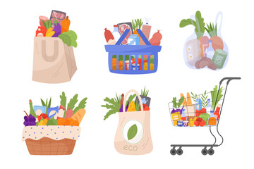 Market food bag. Basket full of groceries from supermarket. Delivery shop sale isolated cartoon flat elements. Grocery, fruits and vegetables, meat and fish. Vector store retail garish illustration
