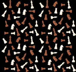 Vector seamless pattern with multicolored chess pieces on black background.