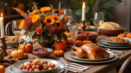 Elegant Thanksgiving Table Setting with Autumnal Festive Decor, Warm Lighting, and Seasonal Centerpieces for a Memorable Gathering