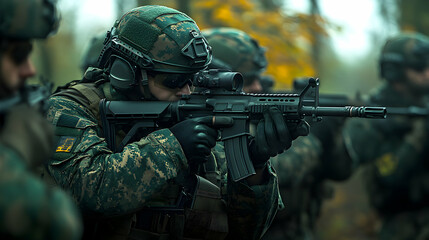 Camouflaged Soldier Aims Rifle in Autumn Forest; Military Training Exercise