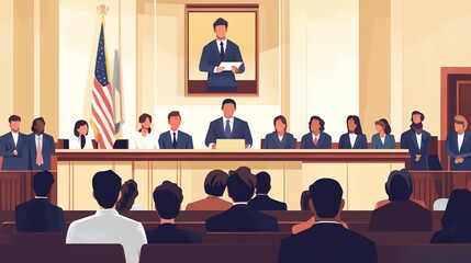 A diverse group of people listening to a speaker at a podium in a government building.