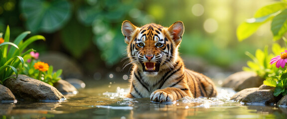 Tiger cub roaring playfully in water surrounded by lush nature