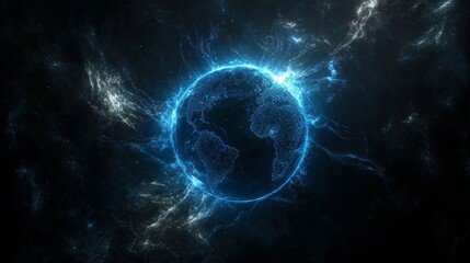 Digital, blue-glowing global network concept with light connections around the Earth planet, a business and connectivity technology background. Big data information exchange online on a dark backdrop.