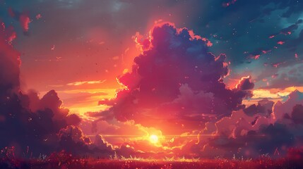 A fluffy cloud peeking out from behind a vivid sunset.