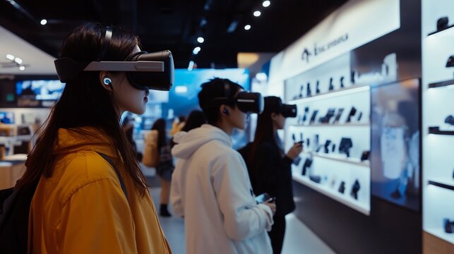 A group of people try out virtual reality headsets in a store.