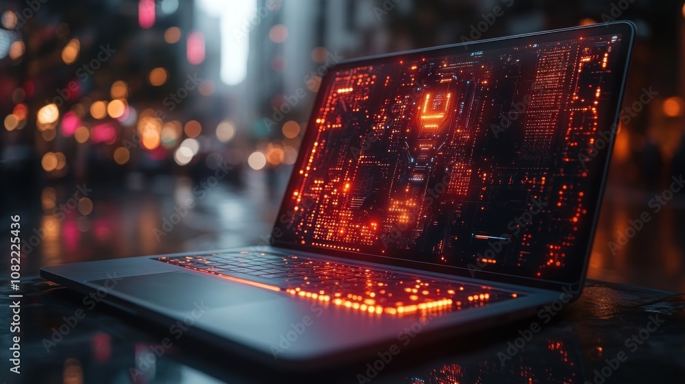 Poster a laptop with a glowing circuit board design displayed on the screen, sitting on a surface in front 