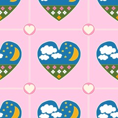 seamless pattern with clouds and moon and stars and hearts and flowers