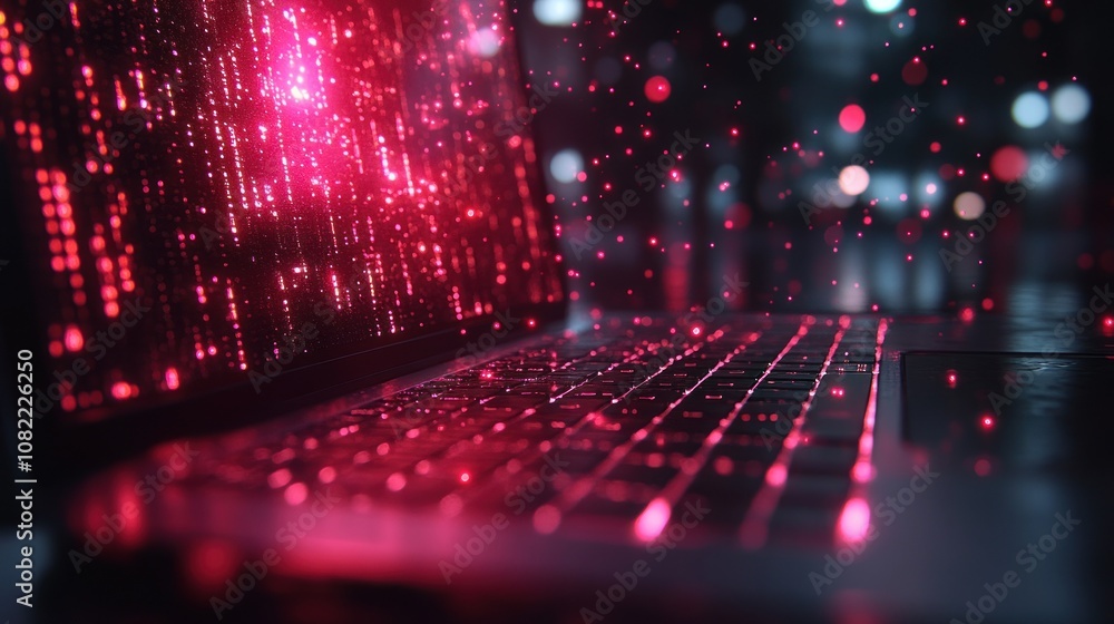 Aufkleber a close-up of a laptop with a glowing screen displaying a stream of digital code, with a blurred bac