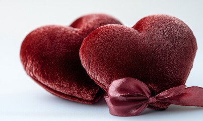 Obraz premium a two red velvet hearts connected by a silky ribbon, symbolizing unity and love, perfect for Valentine's Day