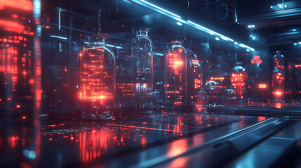 Futuristic lab with glowing bottles and digital displays, showcasing advanced biomarker discovery technology in high tech environment