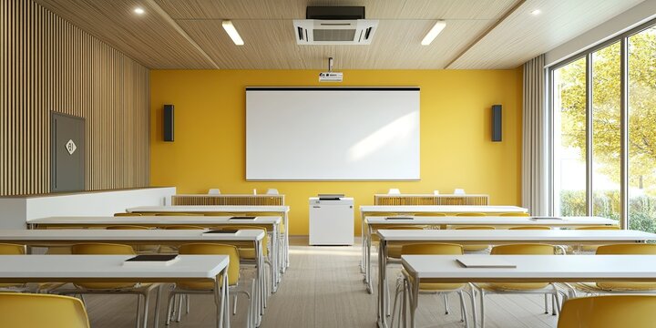 yellow and cream modern classroom with projector infocus and white screen 