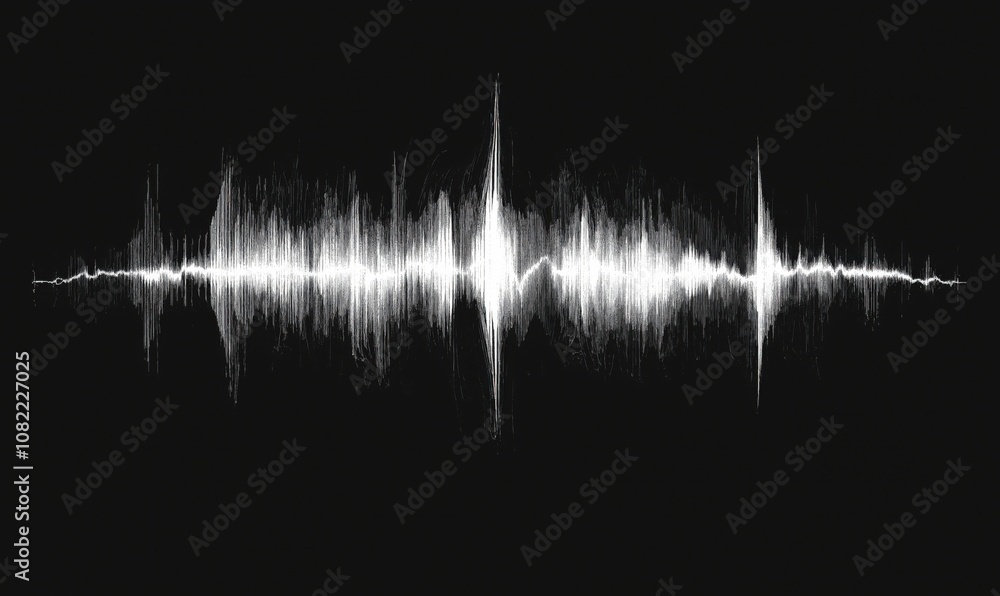 Poster sound wave representation, visualizing audio frequencies and amplitudes, black background, white wav