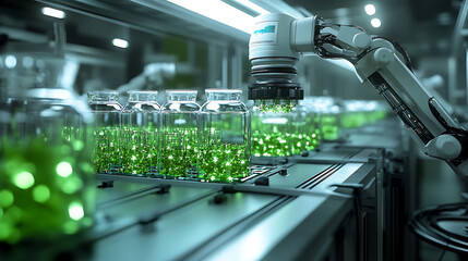 Automated robotic arm handling glass jars filled with green liquid in laboratory setting, showcasing advanced technology and precision in modern environment