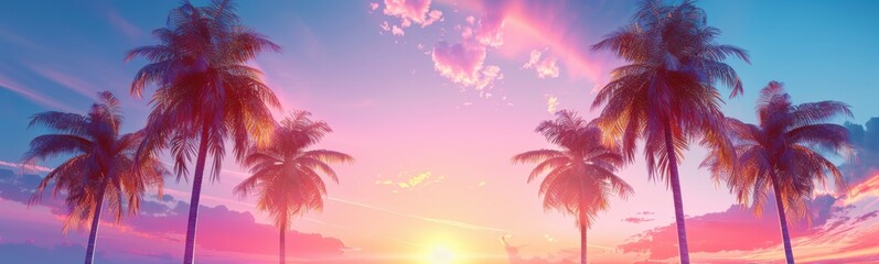 Many palm trees that are standing in the sunset, neon color , banner