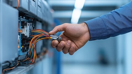 A hand is adjusting electrical connections in a control panel, showcasing intricate wiring and technology in a modern industrial setting.