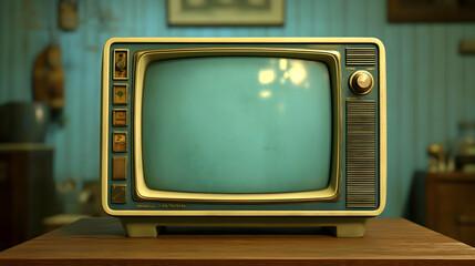 Retro Teal Vintage Television Set Displays Blank Screen in Aged Room Setting