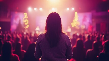 Woman with long hair stands in front of a vibrant concert stage filled with lights and a large audience, creating a captivating atmosphere of music and excitement.