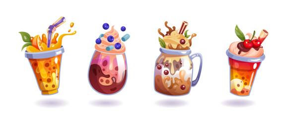 Milkshake icon cartoon set. Milk splash in glass. Drink cute dessert with chocolate, fruit and berry. Beverage in plastic sweet. Summer exotic food in cups. Vector 3D menu of tidy cocktails collection