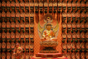 Wide angle of Akasagarbha Bodhisattva deity statue surrounded by a wall of smaller intricate god...